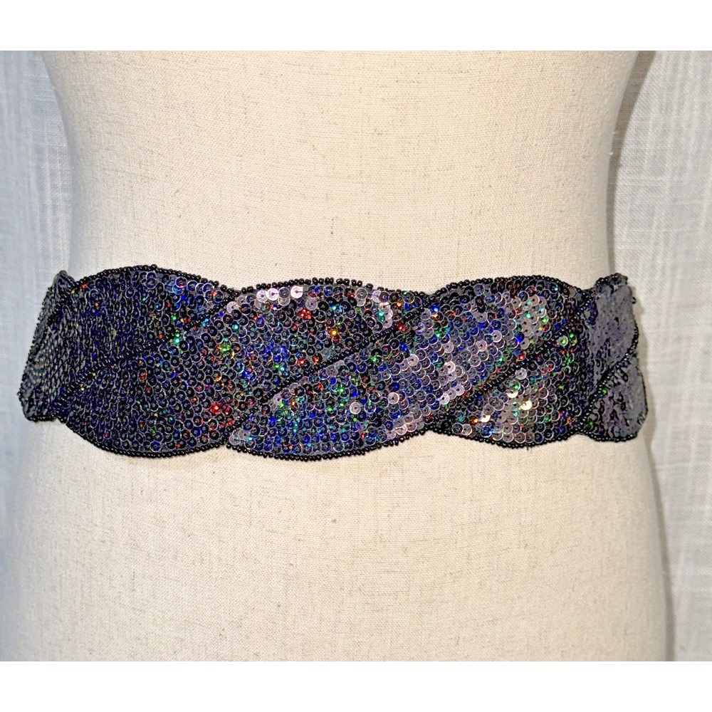 Deena & Ozzy Sequin Braided Belt Wmn M/L Black Iridescent Glam Y2K Disco Sparkle